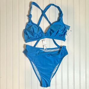 Cupshe Womens 2 Piece Swimsuit Large Blue Lurex Knotted Bikini Cheeky Crisscross